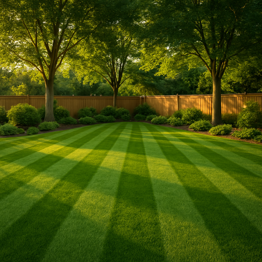Spacious striped emerald backyard at golden hour