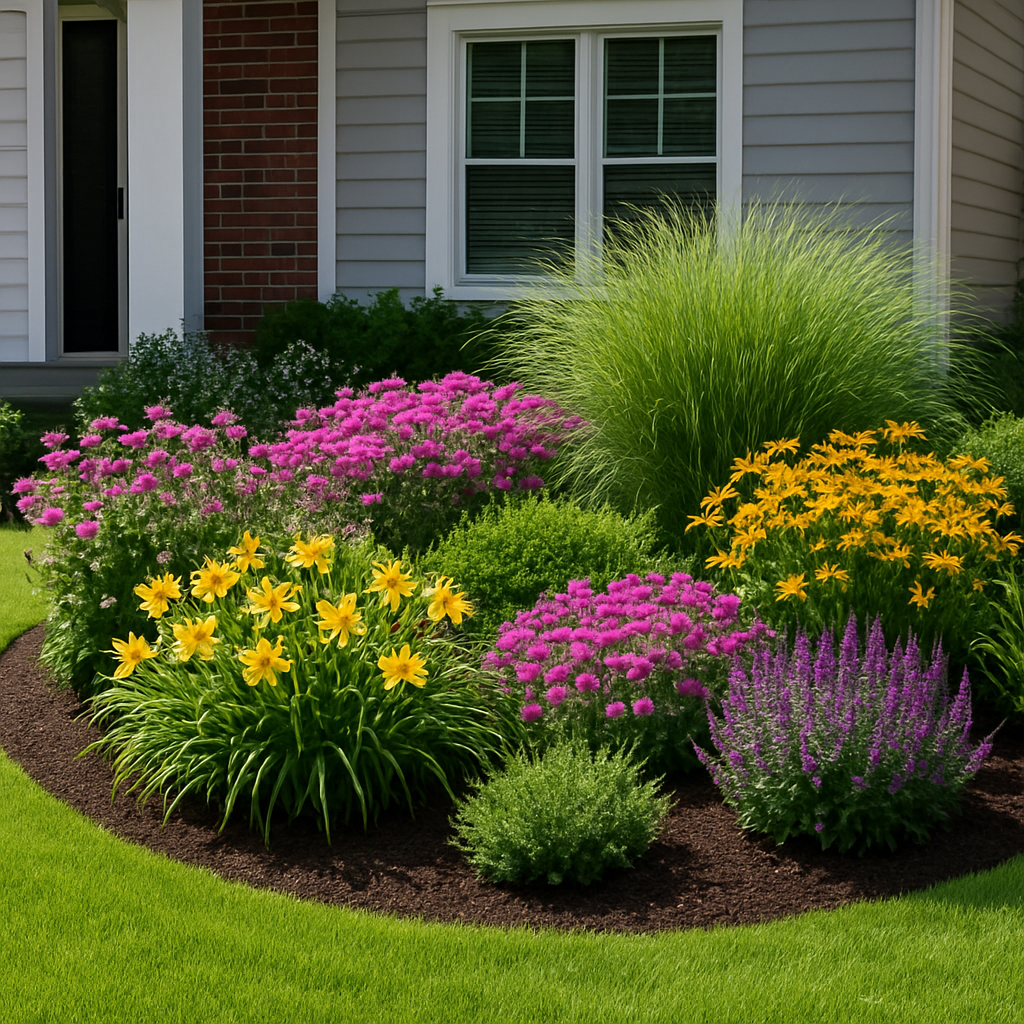 Designed front garden bed with perennials and fresh mulch