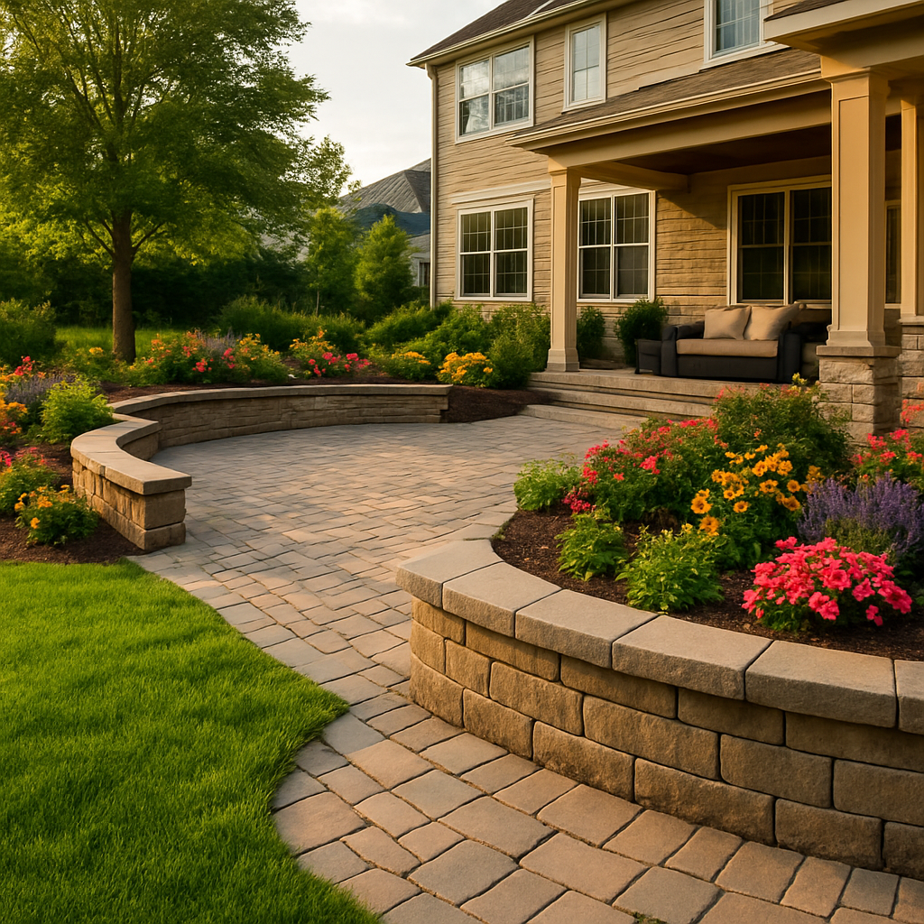 Paver patio and retaining wall with landscaped beds