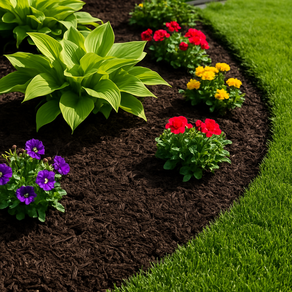 Freshly installed dark mulch bed with green plants