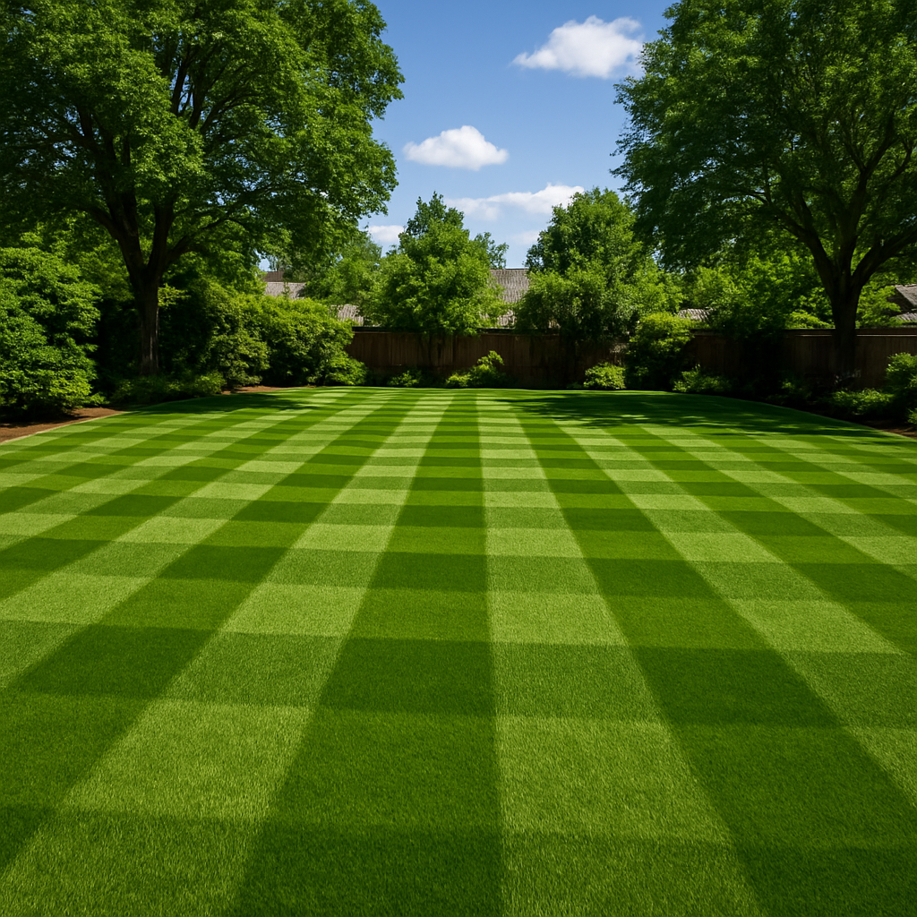 Backyard lawn with crisp checkerboard mowing stripes
